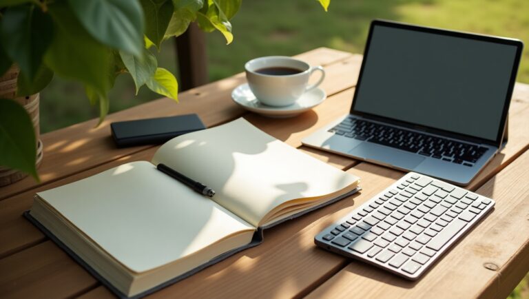 Cuaderno, libro, batería portátil y tablet en mesa exterior con luz de verano: kit ideal para escritores en vacaciones