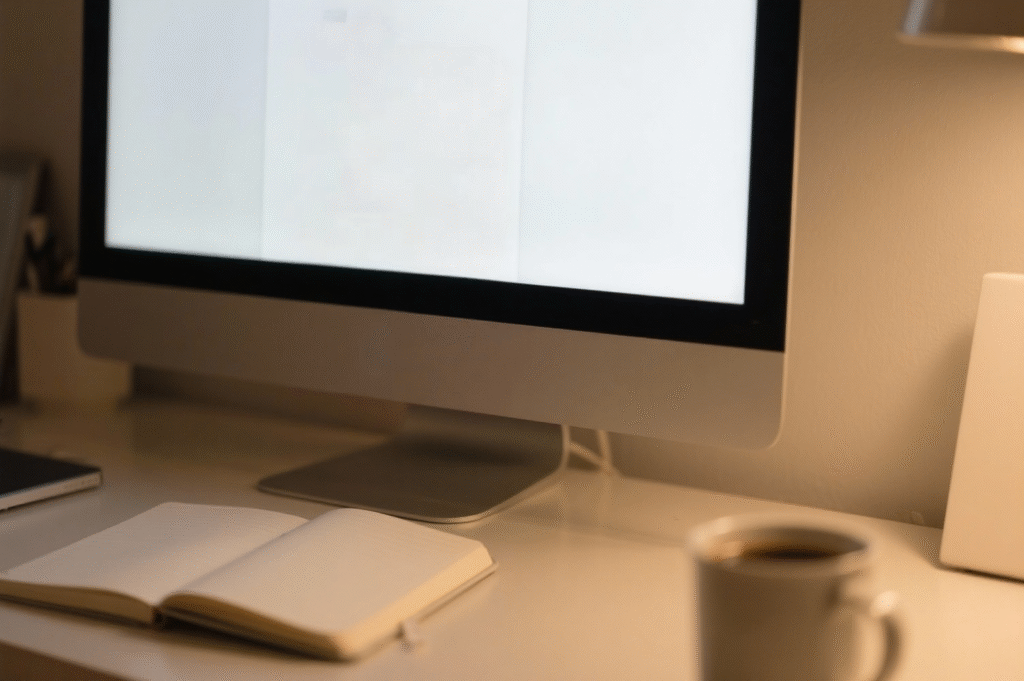 Escritorio minimalista con ordenador encendido, libreta abierta y taza de café: espacio de trabajo de un escritor preparando su manuscrito para enviar a una editorial