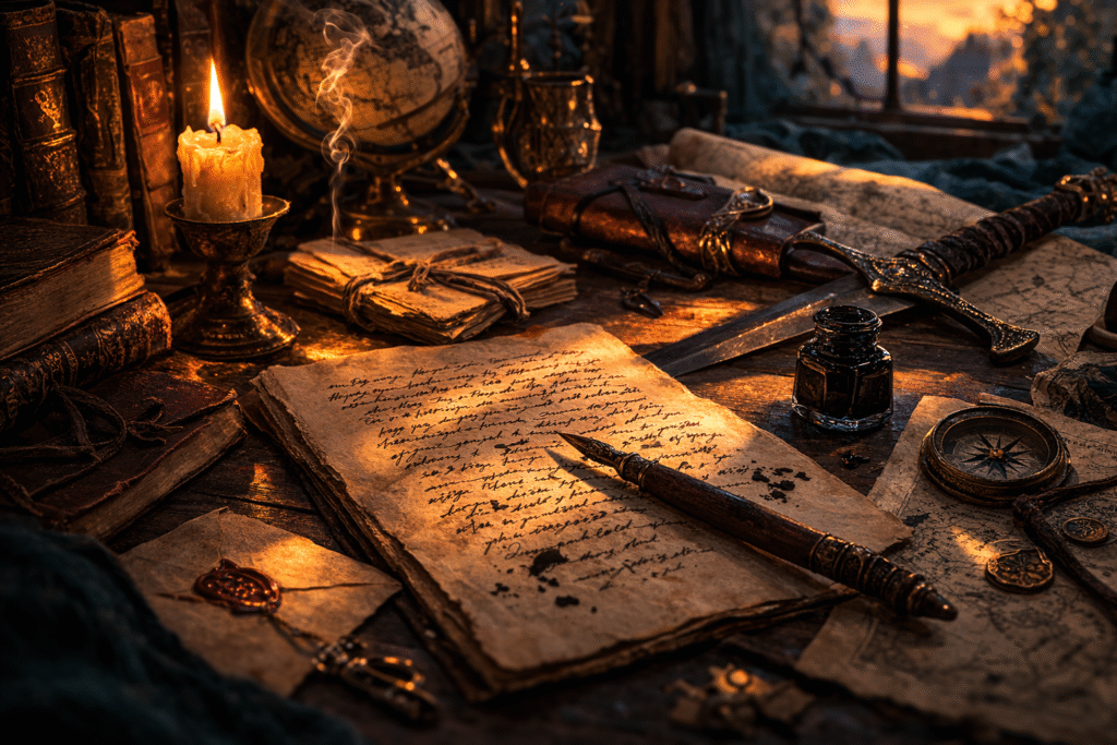 Escritorio de escritor con manuscritos y espada simbolizando la inspiración para una saga de fantasía épica