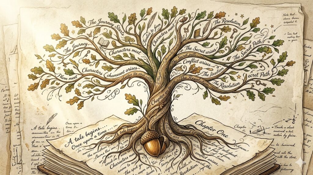 Metáfora visual del crecimiento de una historia desde la semilla hasta el árbol narrativo