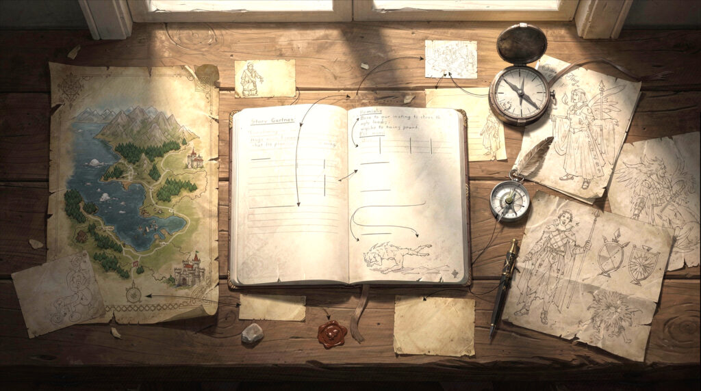 Cuaderno con mapa y esquema narrativo que representa el proceso creativo de escritura